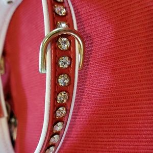 Dog collar red with white trim and rhinestones size 14